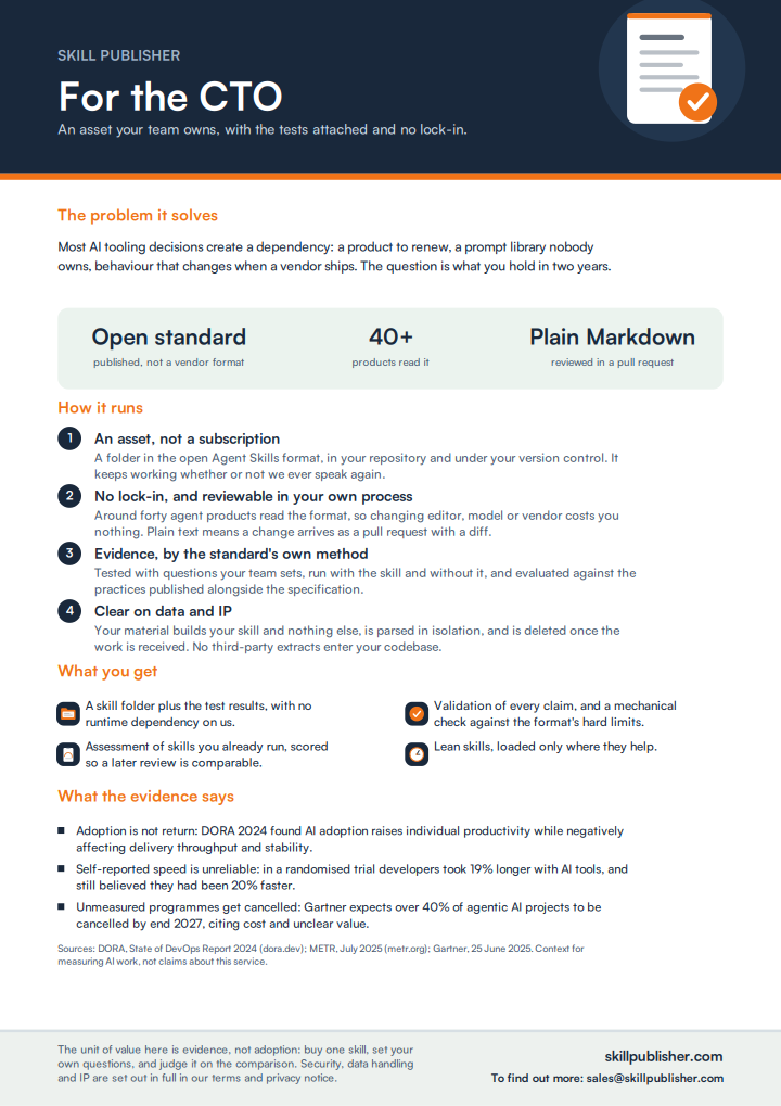 First page of the CTO briefing: ownership, lock-in, data handling and how the
                  value is measured, with a cited evidence section.