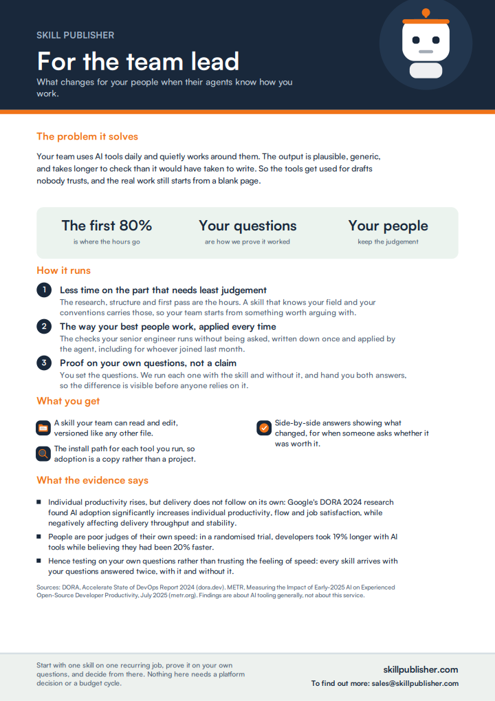 First page of the team lead briefing: what changes for the people doing the work,
                  with three steps and a cited evidence section.